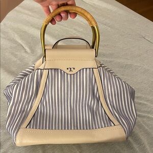 Tory Burch Cream and Blue Striped Mini Bag